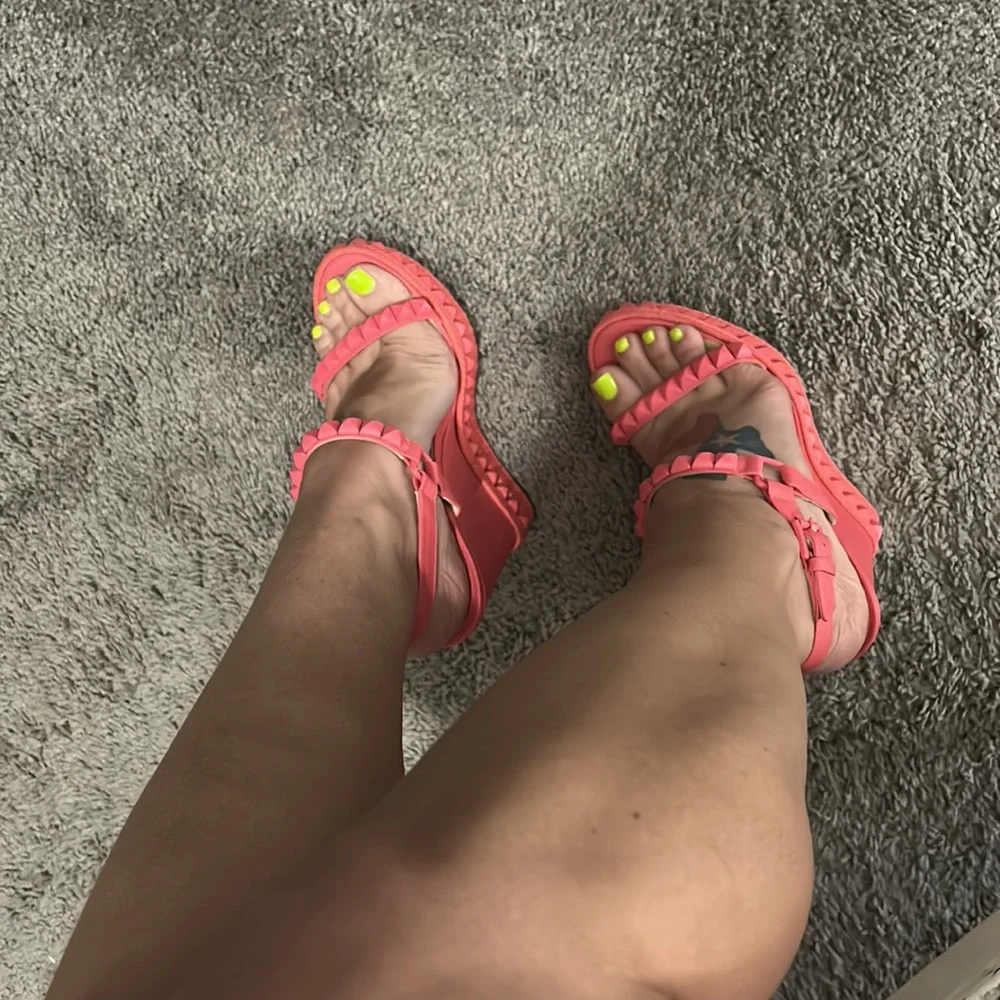 Christian Louboutin Pink and Orange Studded Espadrille Wedge Sandals